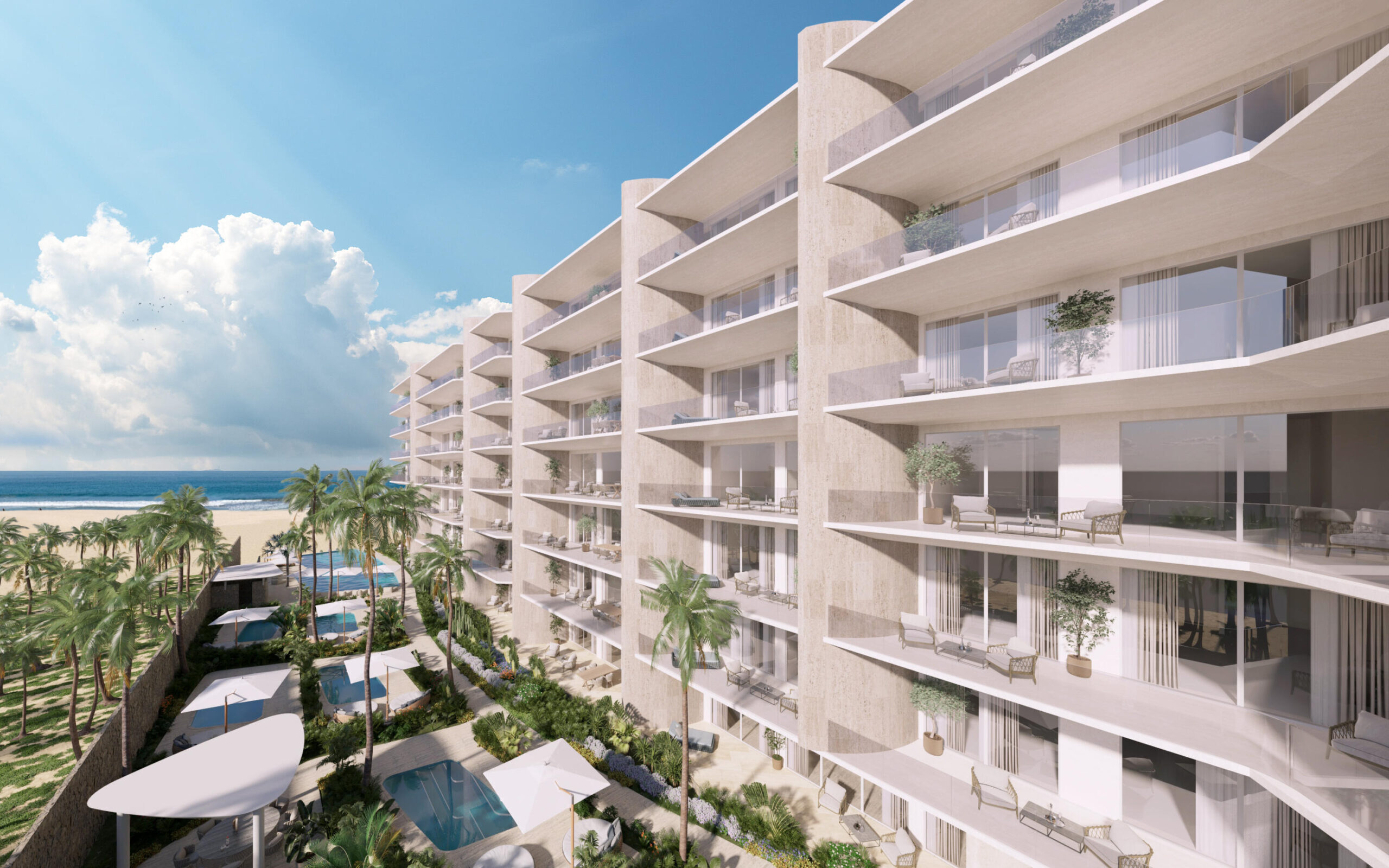 Los Cabos Aura This is the smallest residence in the entire development, designed to offer an exceptional opportunity to own a two-bedroom home within 100 m² (1,071 sqft) of interior space, plus a terrace, one parking space, and a small storage unit. It represents the best entry-level price—the most affordable option to acquire a new, modern, beachfront property. The unit features two ocean- for sale