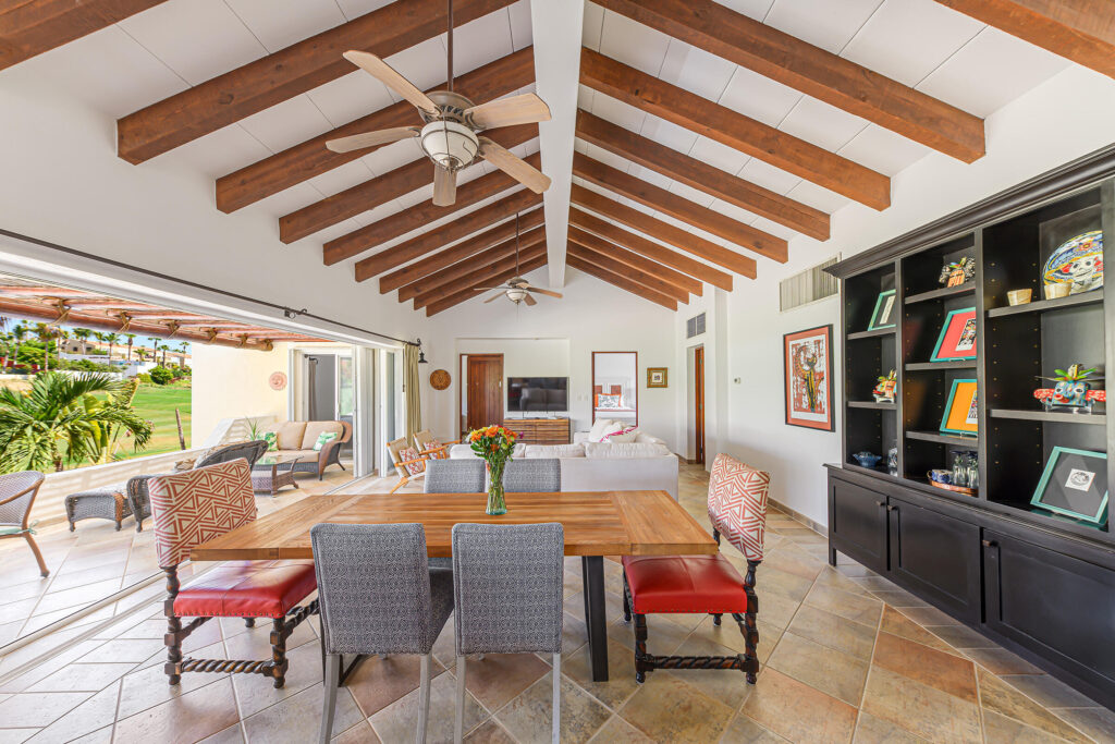 Los Cabos Las Quintas Rarely available second floor end unit 2BR, 2BA villa in boutique gated Las Quintas, walk to beach, dining, and the renowned San José Art Walk. Located in the prime San José del Cabo hotel zone near Fonatur, this private community of just 32 villas stands out from nearby large complexes.This end unit with no neighbors above offers added privacy along with manned security, two pools, jacuzzi, and spacious palapa gathering areas, creating a peaceful resort-style setting.Inside, enjoy 10-ft vaulted ceilings with decorative beams, a bright open living area, and stack-back sliding glass doors opening to a covered patio with golf course – Calle Rtno. Puntagorda 11, San Jose del Cabo, BS