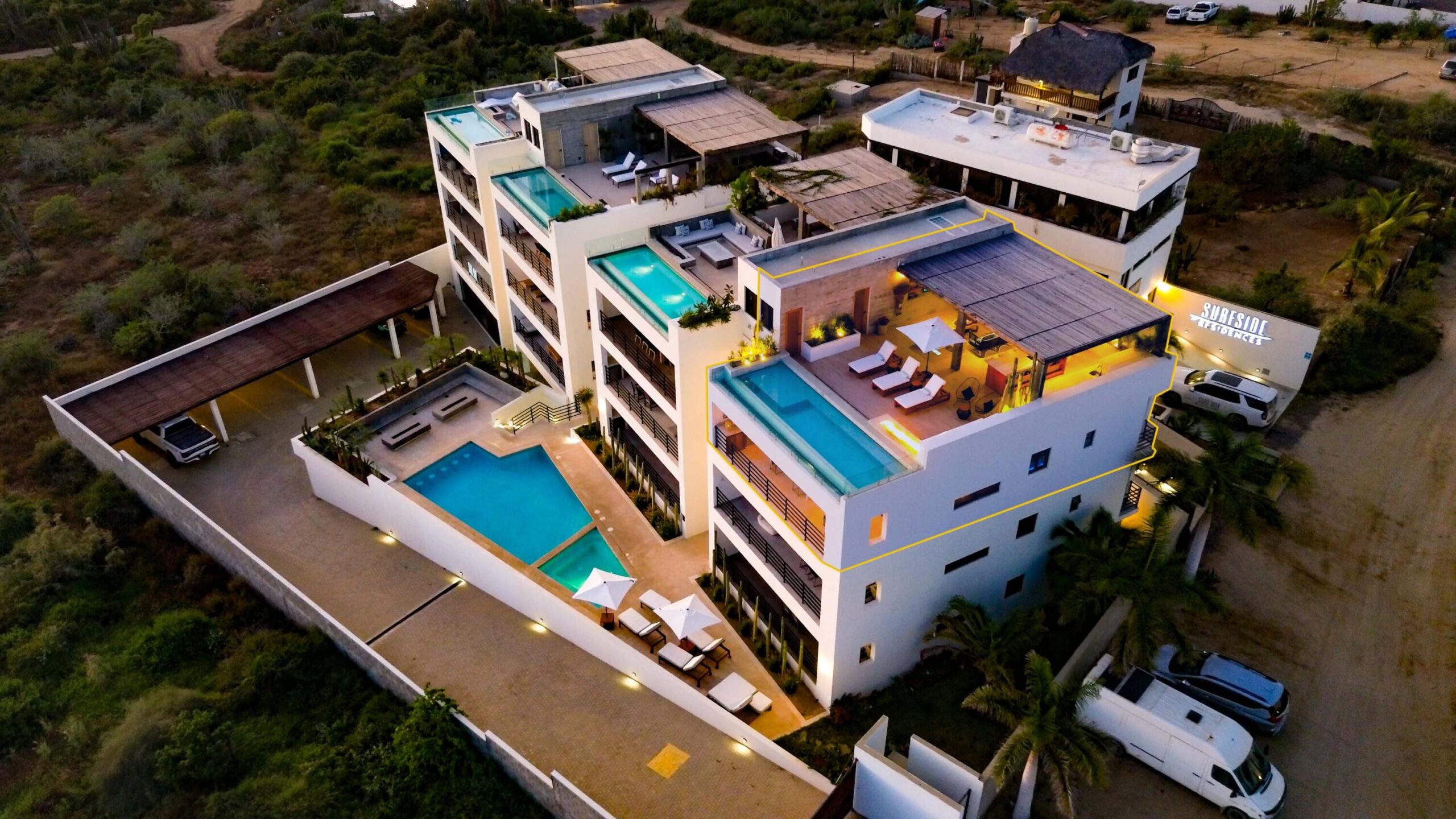 Los Cabos Surf Residences Top turnkey penthouse in Cerritos! Fully furnished, fully equipped corner unit ready to generate income immediately--no waiting on construction or pre-sale timelines. This two-level 3BD/3BA penthouse also features a bonus 4th flex sleeping space in the living room with a privacy curtain, ideal for larger groups and maximizing rental potential. The private rooftop is built for indoor-outdoor entertaining with a big screen TV, bar area, workout space, fireplace lounge, and an infinity-edge splash pool. Enjoy a rare 270-degree panorama from the Sierra La Laguna mountains to world-famous Cerritos Beach, plus unforgettable Baja sunsets and seasonal whale watching.Located in Surfsideone of Cerritos' most prestigious established developmentsoffering an on-site restaurant & bar, multiple pools, hot tub, and in-house management for rentals and maintenance. Walk to surfing, swimming, restaurants, groceries, and a pharmacy. A true lock-and-leave penthouse that delivers the Baja lifestyle and real rental performance from day one. for sale