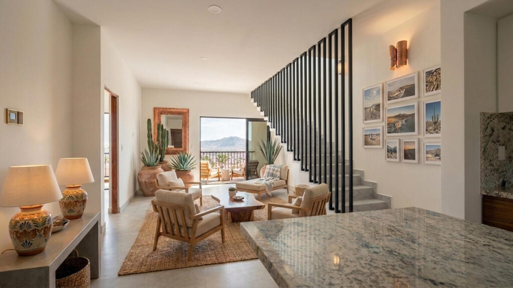 Los Cabos Brisas Del Tezal Ready for delivery! Brisas del Tezal second-floor condo featuring 2 bedrooms and 2 bathrooms in an exclusive low-density community of 36 units across two 4-story elevator buildings. Located minutes from Medano Beach and downtown Cabo. Showcases excellent construction quality and craftsmanship from the developer, including parota wood carpentry and a large, solid front door. Features large-format tile flooring throughout, spacious balcony, granite countertops and backsplash in the kitchen, bathrooms with marble showers to the ceiling, wall-to-wall closets, and a laundry room with space for side-by-side washer and dryer, plus manual washing area and storage. Equipped with 1-ton A/C mini-splits in each bedroom and two in the living area.Enjoy ocean, city, mountain, and sunset – Ocean View Penthouse, Cabo Corridor, BS